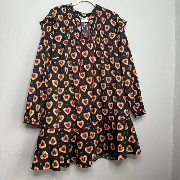 Rachel Antonoff Long Sleeve Mini Laura Dress 100% Cotton Heart Cookies Tie Neck - Picture 7 of 12